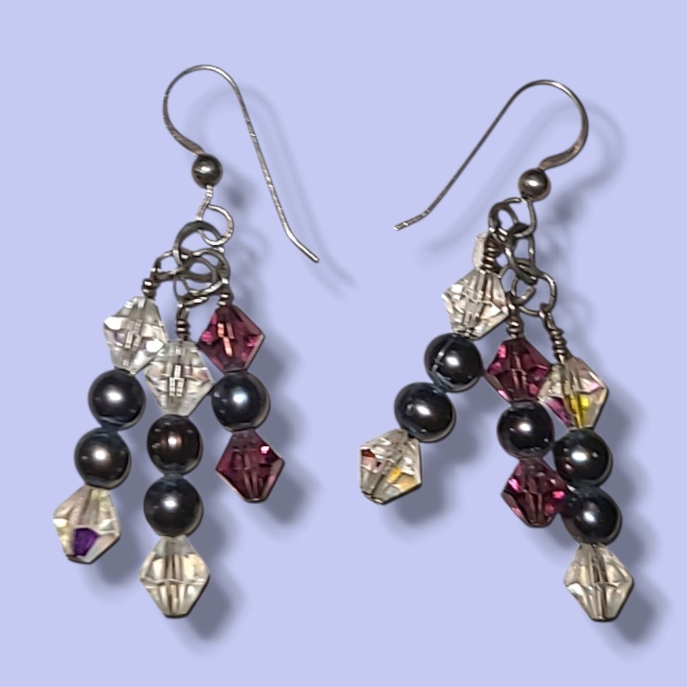 Tahitian Pearl Crystal Sterling Silver 925 Dangle Earrings